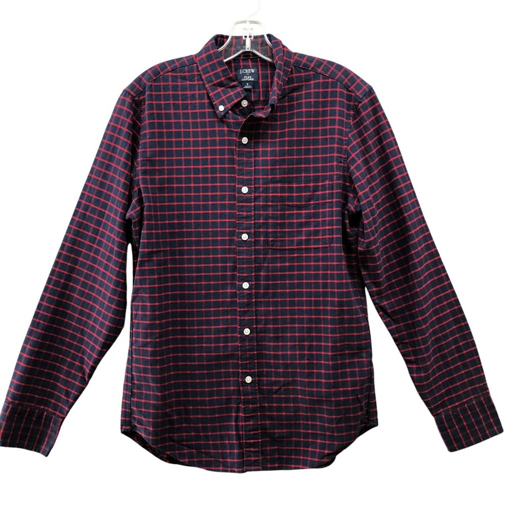 J. Crew Flex Oxford Shirt Mens S Slim‎ Fit Long Sleeve Navy Blue Red Check Plaid